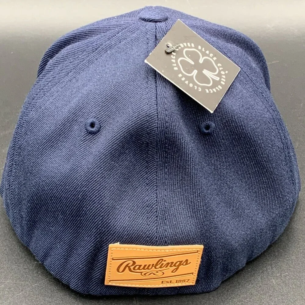Rawlings Black Clover Hat Flat Bill Leather Patch Navy Blue Acrylic Wool S/M New